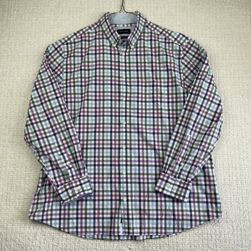Christian Berg Shirt Mens 2XL Gingham Purple / Blue Plaid Button Up/ Long Sleeve